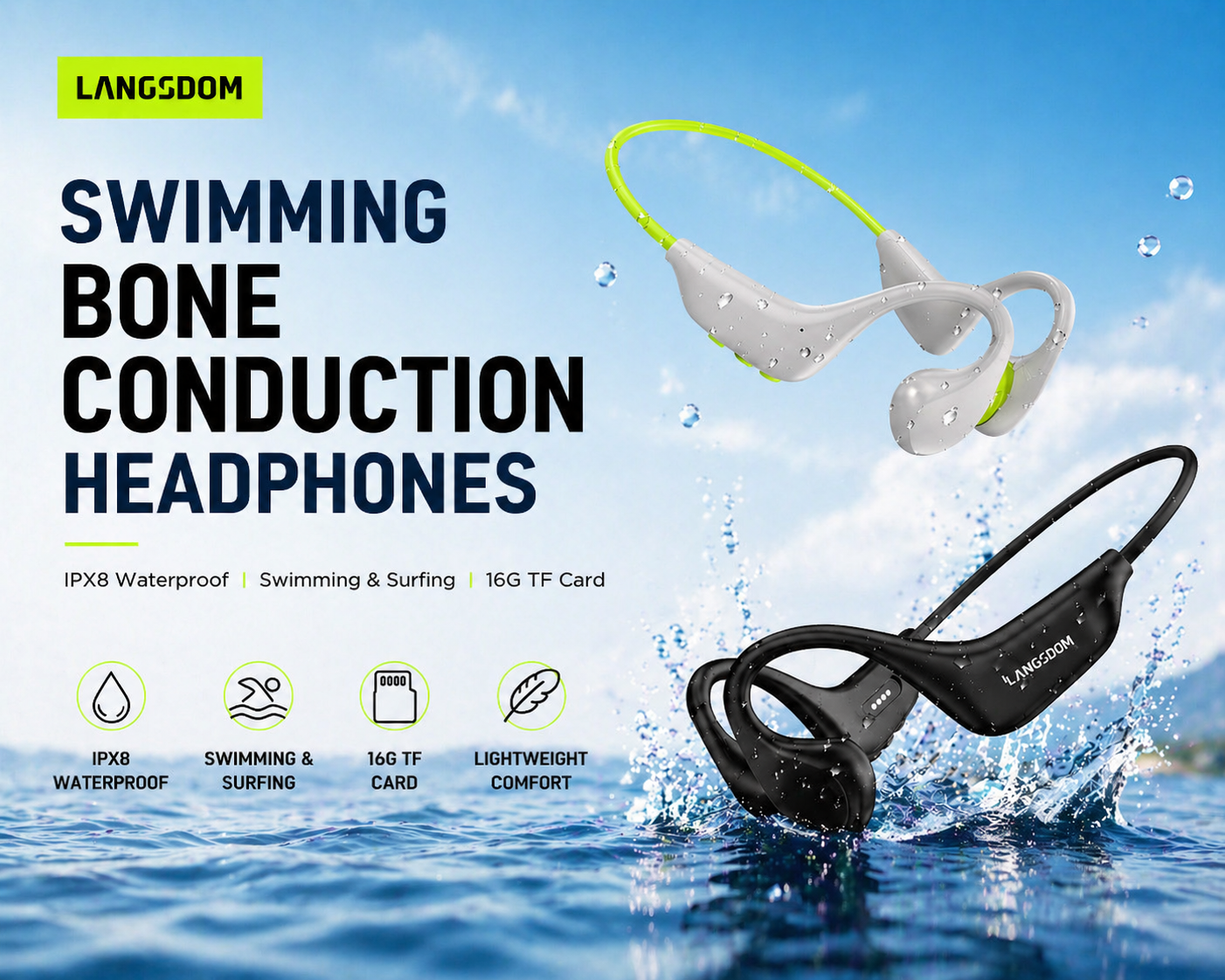Swimming bone conduction headphones with water splashes on a blue background, featuring the brand 'LANGSDOM'.